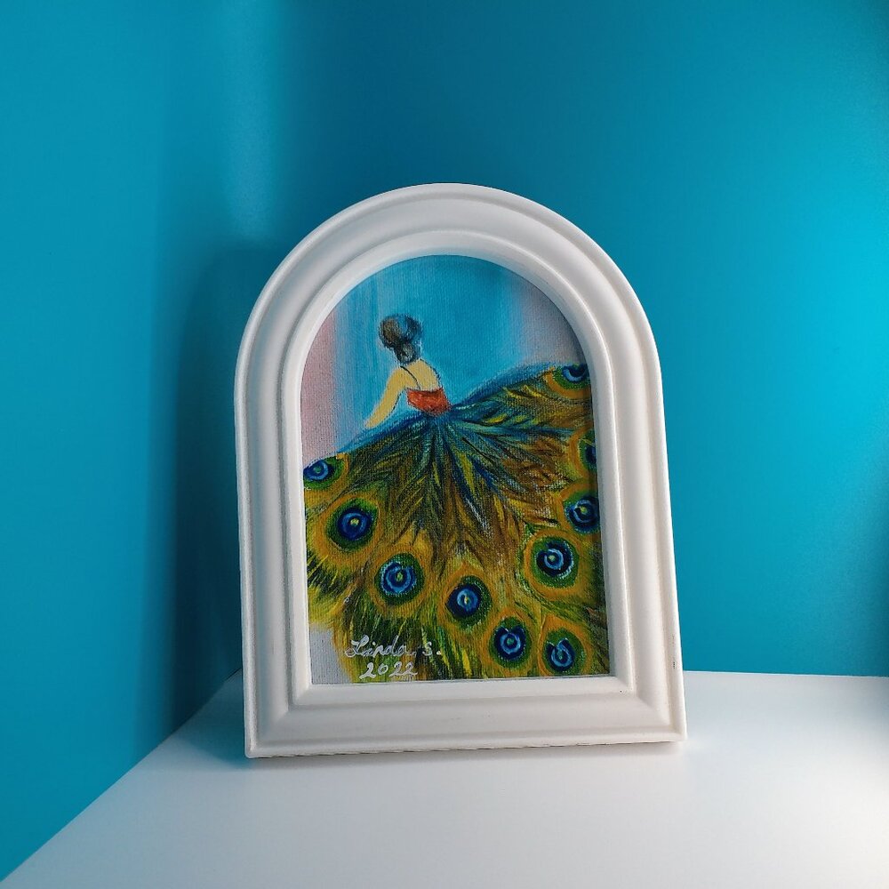 Beautiful Lady in Peacock Dress  5"x7" within a new arch shape white Frame